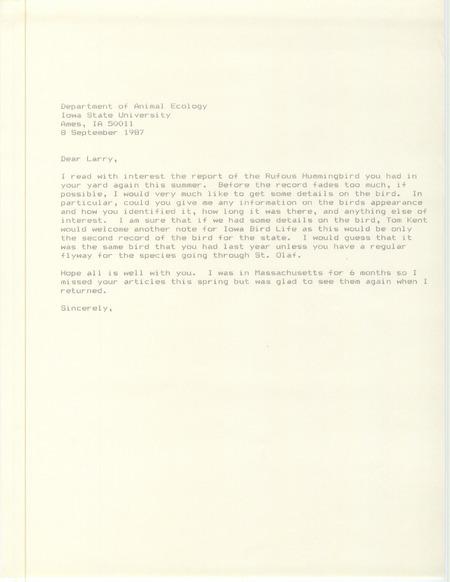Letter from James J. Dinsmore to Larry Stone regarding a Rufous Hummingbird sighting, September 8, 1987. This item was used as supporting documentation for the Iowa Ornithologists' Union Quarterly field report of summer 1987.