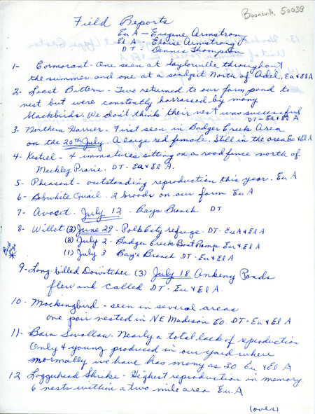 Summer report of birds and locations contributed by Eugene Armstrong, Eloise Armstrong, and Dennis Thompson. This item was used as supporting documentation for the Iowa Ornithologists' Union Quarterly field report of summer 1987.