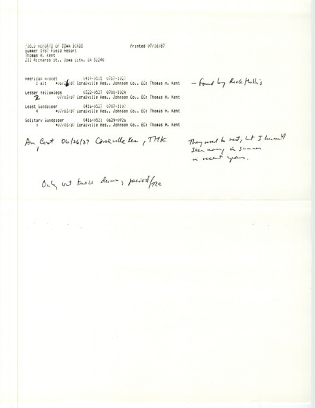 Summer report of birds found at Coralville Lake contributed by Thomas H. Kent, July 18, 1987. This item was used as supporting documentation for the Iowa Ornithologists' Union Quarterly field report of summer 1987.