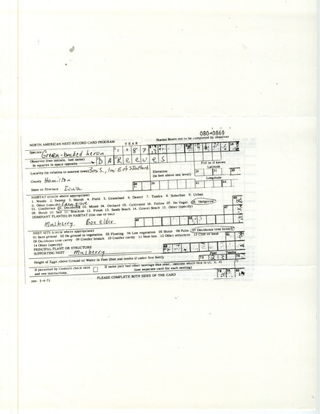 Documentation of a Green-backed Heron nest sighting with two young birds contributed by Doug Reeves. This item was used as supporting documentation for the Iowa Ornithologists' Union Quarterly field report of summer 1987.