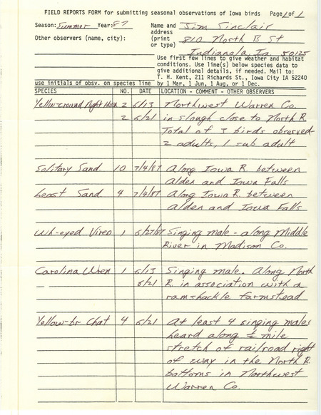 Summer report of birds and locations contributed by Jim Sinclair. This item was used as supporting documentation for the Iowa Ornithologists' Union Quarterly field report of summer 1987.