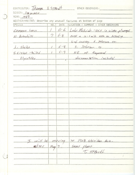 Summer report of birds and locations contributed by Thomas J. Staudt. This item was used as supporting documentation for the Iowa Ornithologists' Union Quarterly field report of summer 1987.
