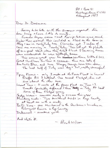 Letter from Barbara L. Wilson to James J. Dinsmore regarding summer bird sightings in western Iowa, August 4, 1987. This item was used as supporting documentation for the Iowa Ornithologists' Union Quarterly field report of summer 1987.