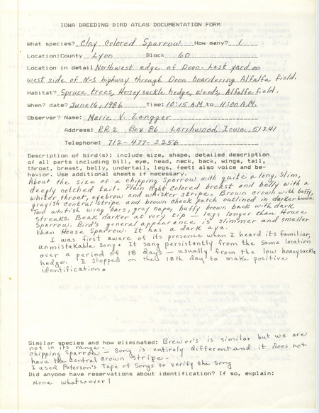 Documentation of a Clay-colored Sparrow sighting contributed by Dolly Zangger, June 16, 1986. This item was part of a group of documents submitted by Doug Reeves for the Iowa Ornithologists' Union Quarterly field report of summer 1987.