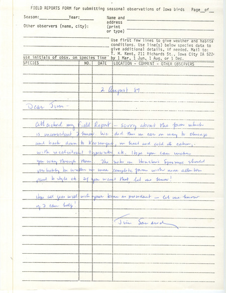 Summer report of birds and locations contributed by James P. Sandrock, August 2, 1987. Also included is a brief letter from Sandrock to James J. Dinsmore regarding a Henslow's Sparrow sighting. This item was used as supporting documentation for the Iowa Ornithologists' Union Quarterly field report of summer 1987.