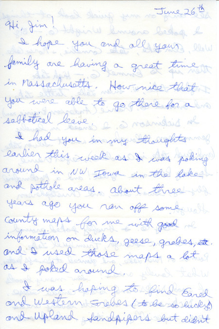 Letter from Mark Proescholdt to James J. Dinsmore regarding a trip to northwest Iowa and bird sightings, June 26, 1987. This item was used as supporting documentation for the Iowa Ornithologists' Union Quarterly field report of summer 1987.