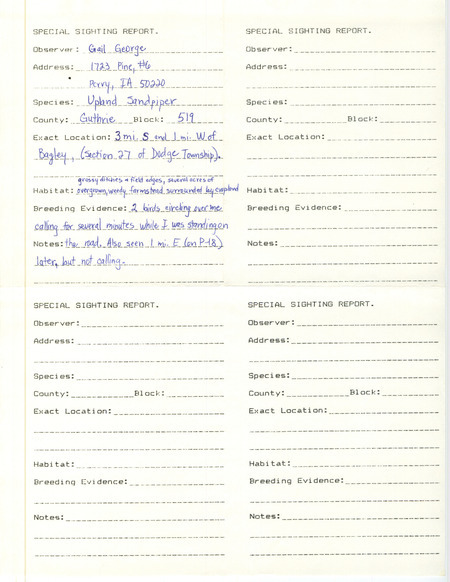 Special sighting report of an Upland Sandpiper contributed by Gail George. This item was used as supporting documentation for the Iowa Ornithologists' Union Quarterly field report of summer 1987.