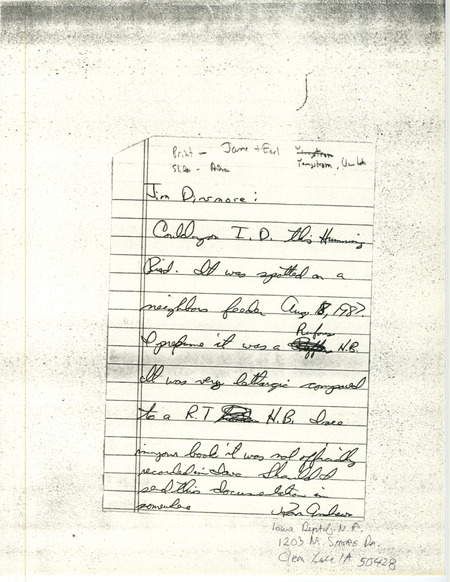 Letter from Ron Andrews to James J. Dinsmore regarding the identification of a Rufous Hummingbird. This item was used as supporting documentation for the Iowa Ornithologists' Union Quarterly field report of fall 1987.