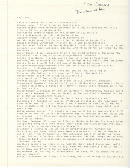 Fall report of birds and locations contributed by Stephen J. Dinsmore. This item was used as supporting documentation for the Iowa Ornithologists' Union Quarterly field report of fall 1987.