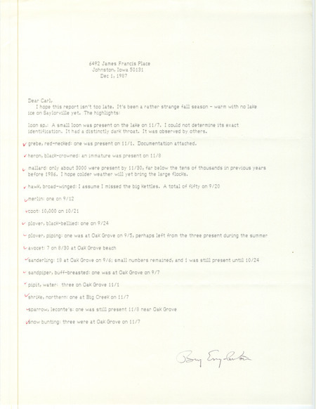 Letter from Bery Engebretsen to Carl J. Bendorf regarding fall bird sightings, December 1, 1987. This item was used as supporting documentation for the Iowa Ornithologists' Union Quarterly field report of fall 1987.