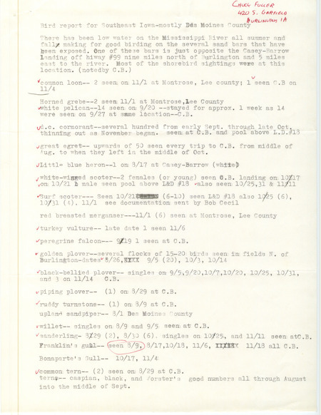 Fall report of birds found in southeast Iowa contributed by Charles Fuller. This item was used as supporting documentation for the Iowa Ornithologists' Union Quarterly field report of fall 1987.