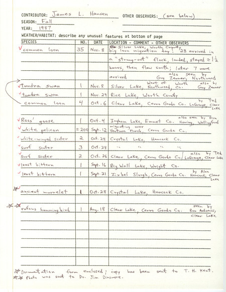 Fall report of birds found in northern Iowa contributed by James L. Hansen. This item was used as supporting documentation for the Iowa Ornithologists' Union Quarterly field report of fall 1987.