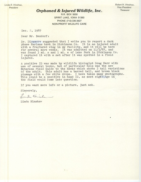Letter from Linda Hinshaw letter to Carl J. Bendorf regarding an injured Red-tailed Hawk (Harlan's Hawk), December 2, 1987. This item was used as supporting documentation for the Iowa Ornithologists' Union Quarterly field report of fall 1987.