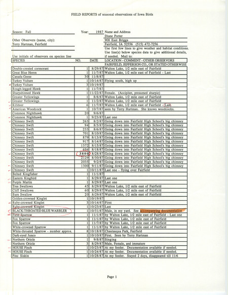 Fall report of birds contributed by Diane C. Porter. This item was used as supporting documentation for the Iowa Ornithologists' Union Quarterly field report of fall 1987.
