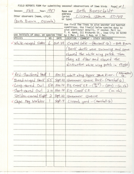 Fall report of birds contributed by Beth Proescholdt. This item was used as supporting documentation for the Iowa Ornithologists' Union Quarterly field report of fall 1987.