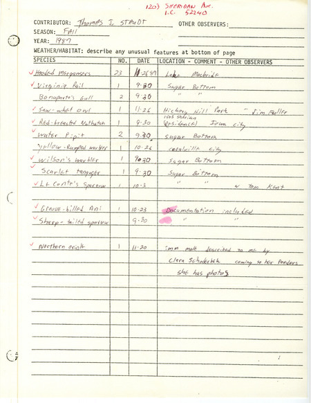 Fall report of birds contributed by Thomas J. Staudt. This item was used as supporting documentation for the Iowa Ornithologists' Union Quarterly field report of fall 1987.