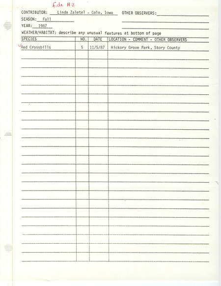 Fall report of sighting of Red Crossbills contributed by Linda Zaletel. This item was used as supporting documentation for the Iowa Ornithologists' Union Quarterly field report of fall 1987.