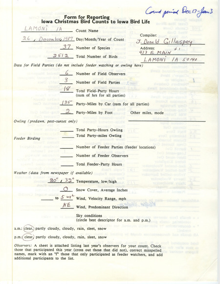 Iowa Christmas bird counts of regular and uncommon species found in Lamoni contributed by J. Donald Gillaspey, December 26, 1987. This item was used as supporting documentation for the Iowa Ornithologists Union Quarterly field report of winter 1987-1988.