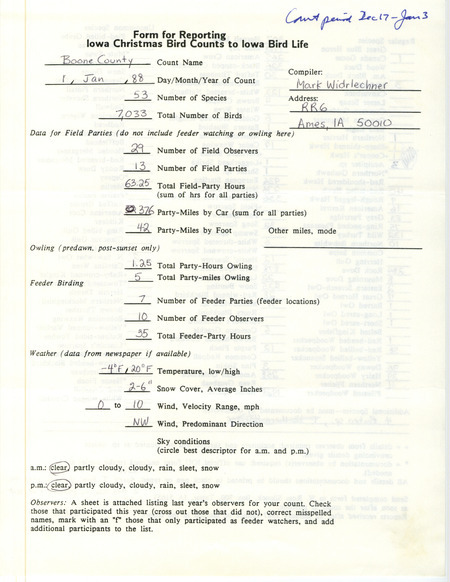 Iowa Christmas bird counts of regular and uncommon species found in Boone County contributed by Mark Widrlechner, January 1, 1988. This item was used as supporting documentation for the Iowa Ornithologists Union Quarterly field report of winter 1987-1988.