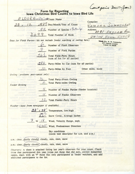 Iowa Christmas bird counts of regular and uncommon species found in Eldora and Union contributed by Ramona R. Sommerlot, December 23, 1987. This item was used as supporting documentation for the Iowa Ornithologists Union Quarterly field report of winter 1987-1988.