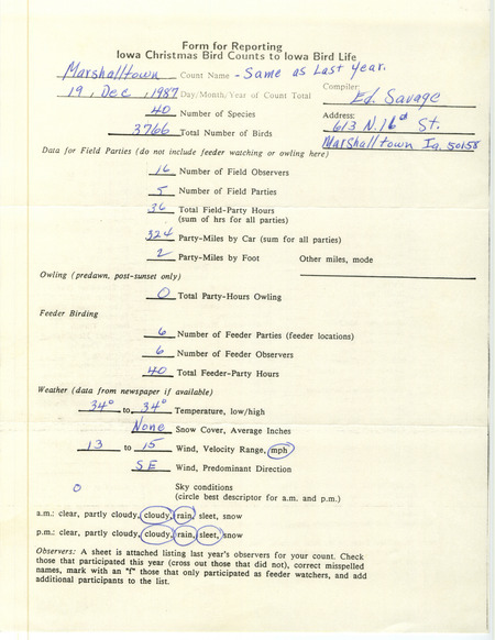 Iowa Christmas bird counts of regular and uncommon species found in Marshalltown contributed by Ed Savage, December 19, 1987. This item was used as supporting documentation for the Iowa Ornithologists Union Quarterly field report of winter 1987-1988.
