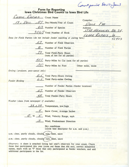 Iowa Christmas bird counts of regular and uncommon species found in Cedar Rapids contributed by Dale Fye, December 19, 1987. This item was used as supporting documentation for the Iowa Ornithologists Union Quarterly field report of winter 1987-1988.