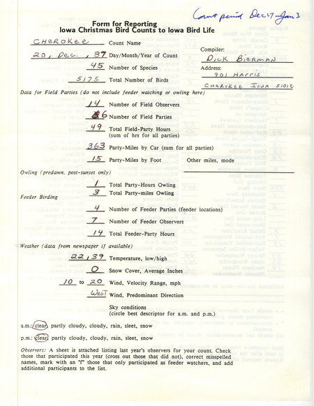 Iowa Christmas bird counts of regular and uncommon species found in Cherokee contributed by Dick Bierman, December 20, 1987. This item was used as supporting documentation for the Iowa Ornithologists Union Quarterly field report of winter 1987-1988.