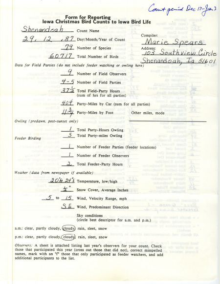 Iowa Christmas bird counts of regular and uncommon species found in Shenandoah contributed by Marie E. Spears Tiemann, December 29, 1987. This item was used as supporting documentation for the Iowa Ornithologists Union Quarterly field report of winter 1987-1988.