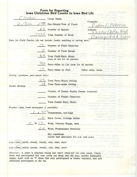 Iowa Christmas bird counts of regular and uncommon species found in Clinton contributed by Peter C. Petersen, January 2, 1988. This item was used as supporting documentation for the Iowa Ornithologists Union Quarterly field report of winter 1987-1988.