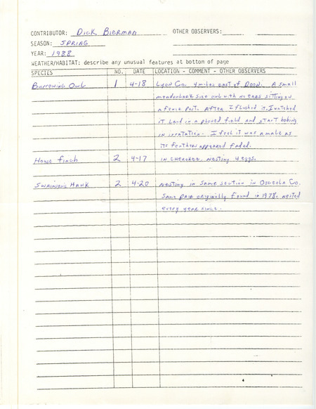 List of birds and locations contributed by Dick Bierman. This item was used as supporting documentation for the Iowa Ornithologists Union Quarterly field report of spring 1988.