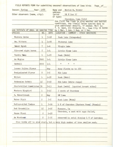 List of birds and locations contributed by Marion M. Brewer. This item was used as supporting documentation for the Iowa Ornithologists Union Quarterly field report of spring 1988.