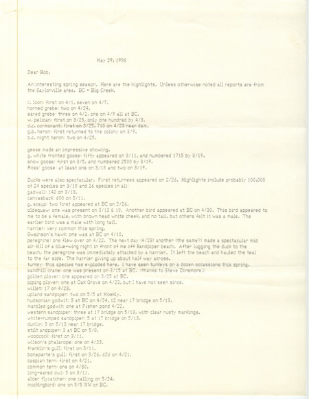 Field notes contributed by Bery Engebretsen in a letter to Robert K. Myers. This item was used as supporting documentation for the Iowa Ornithologists Union Quarterly field report of spring 1988.
