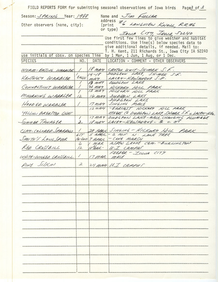 List of birds and locations contributed by James L. Fuller. This item was used as supporting documentation for the Iowa Ornithologists Union Quarterly field report of spring 1988.