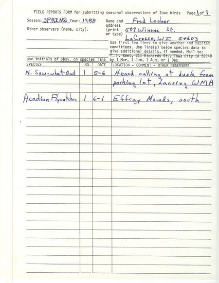 List of birds and locations contributed by Fred Lesher. This item was used as supporting documentation for the Iowa Ornithologists Union Quarterly field report of spring 1988.