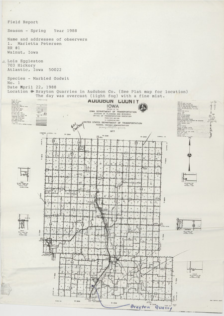 Two maps, one of Audubon County and one of Cass County, indicating the locations of Marbled Godwits and Great Egrets observed by Marietta Petersen and Lois Eggleston. This item was used as supporting documentation for the Iowa Ornithologists Union Quarterly field report of spring 1988.