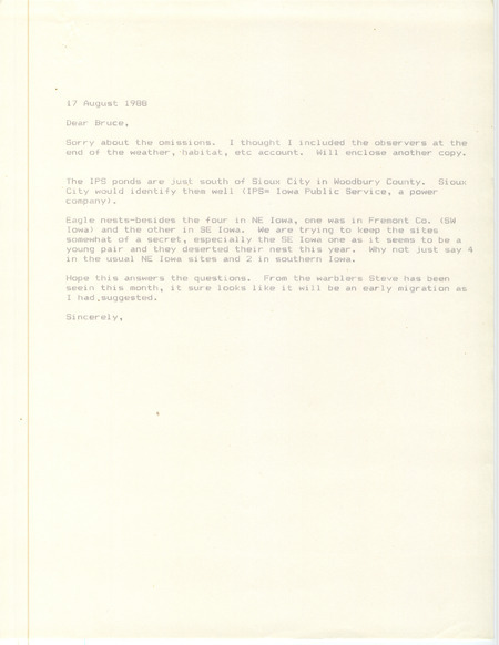 James J. Dinsmore letter to Bruce G. Peterjohn responding to a request for additional field note information including a Bald Eagle nest location. This item was used as supporting documentation for the Iowa Ornithologists Union Quarterly field report of summer 1988.