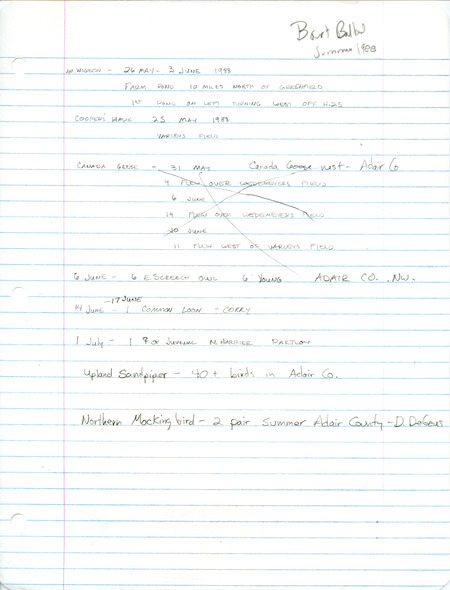 List of birds and locations contributed by Bart M. Ballard with observer David DeGeus. This item was used as supporting documentation for the Iowa Ornithologists Union Quarterly field report of summer 1988.