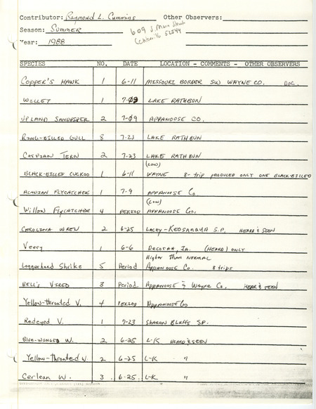 List of birds and locations contributed by Raymond L. Cummins. This item was used as supporting documentation for the Iowa Ornithologists Union Quarterly field report of summer 1988.