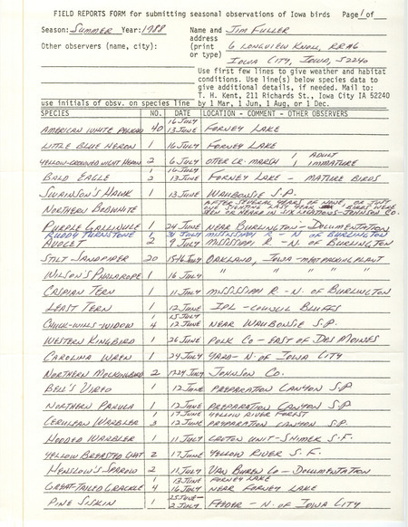 List of birds and locations contributed by James L. Fuller. This item was used as supporting documentation for the Iowa Ornithologists Union Quarterly field report of summer 1988.
