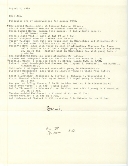 Field notes contributed by Darwin Koenig in a letter to James J. Dinsmore. This item was used as supporting documentation for the Iowa Ornithologists Union Quarterly field report of summer 1988.