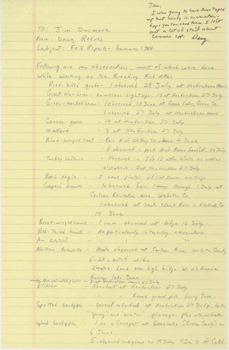 List of birds and locations contributed by Doug Reeves with observers. This item was used as supporting documentation for the Iowa Ornithologists Union Quarterly field report of summer 1988.