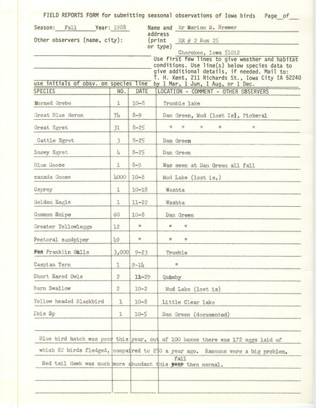 List of birds and locations contributed by Marion M. Brewer. This item was used as supporting documentation for the Iowa Ornithologists Union Quarterly field report of fall 1988.