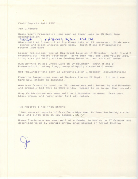 List of birds and locations contributed by James J. Dinsmore with observers Mark Proescholdt and Beth Proescholdt. This item was used as supporting documentation for the Iowa Ornithologists Union Quarterly field report of fall 1988.
