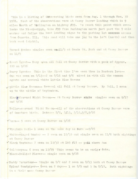List of birds and locations contributed by Charles Fuller. This item was used as supporting documentation for the Iowa Ornithologists Union Quarterly field report of fall 1988.