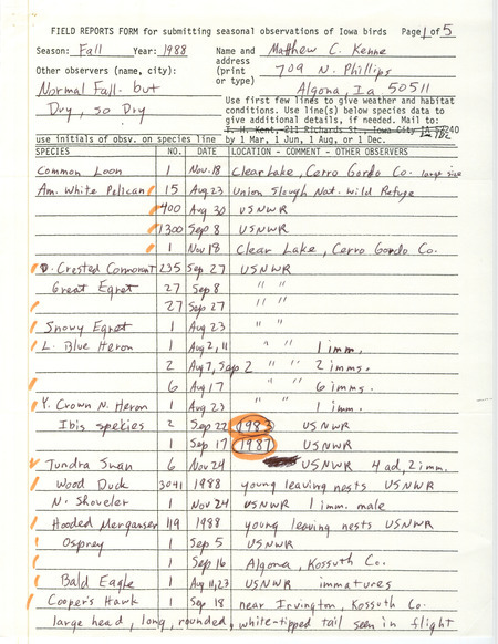 List of birds and locations contributed by Matthew Kenne. This item was used as supporting documentation for the Iowa Ornithologists Union Quarterly field report of fall 1988.