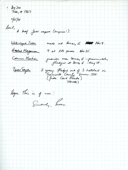 Field notes contributed by W. Ross Silcock in a letter to Carl J. Bendorf. This item was used as supporting documentation for the Iowa Ornithologists Union Quarterly field report of fall 1988.