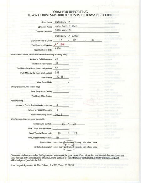 Iowa Christmas bird counts of species found in Dubuque contributed by John Carl Miller, December 17, 1988. This item was used as supporting documentation for the Iowa Ornithologists' Union Quarterly field report of winter 1988-1989.