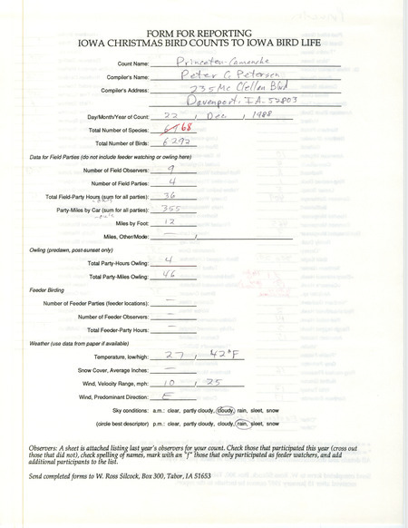 Iowa Christmas bird counts of species found in Princeton and Camanche contributed by Peter C. Petersen, December 22, 1988. This item was used as supporting documentation for the Iowa Ornithologists' Union Quarterly field report of winter 1988-1989.