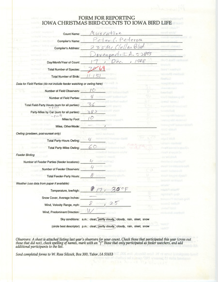 Iowa Christmas bird counts of species found in Muscatine contributed by Peter C. Petersen, December 17, 1988. This item was used as supporting documentation for the Iowa Ornithologists' Union Quarterly field report of winter 1988-1989.