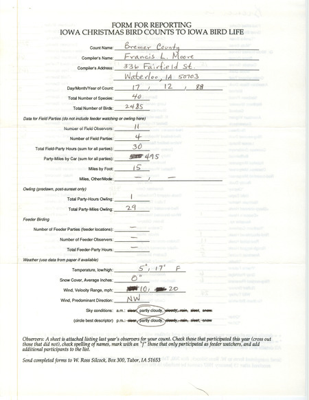 Iowa Christmas bird counts of species found in Bremer County contributed by Francis L. Moore, December 17, 1988. This item was used as supporting documentation for the Iowa Ornithologists' Union Quarterly field report of winter 1988-1989.